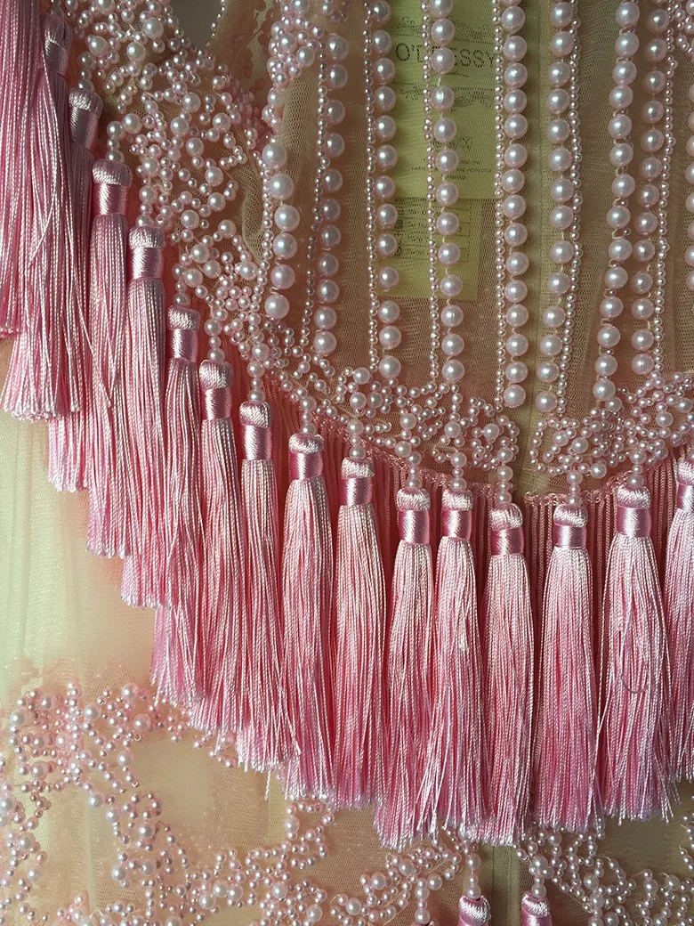 TANG 2019 Summer Sexy Off Shoulder Women Mesh Dress Pink Hollow Out Mini Dress Runway Fringe Bodycon Party Dress (2)