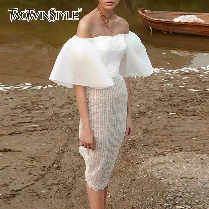 

TWOTWINSTYLE Sexy Women Two Piece Set Summer Slash Neck Ruffle Flare Sleeve Crop Tops High Waist Lace Bodycon Skirt Suits Summer