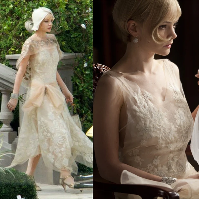 Great Gatsby Celebrity Dress Carey Mulligan Champagne Beaded Flowers Great Gatsby Celebrity Dress Carey Mulligan Champagne Beaded Flowers Asymmetric With Tippet V Neck Illusion