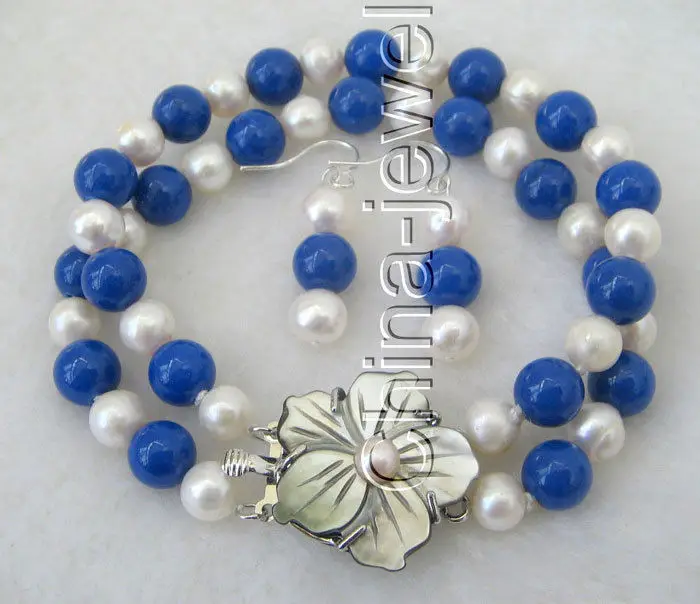 

FREE SHIPPING HOT sell new Style >>>> Beautiful 8" 2row 8mm natural round FW pearl - lapis lazuli bracelet & earring -