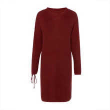 Bohoartist Autumn Dress Women 2018 Brick Red Knitted Straight Lace-Up Loose Round Neck Plain Pullover Dress Warm Sweater Dress