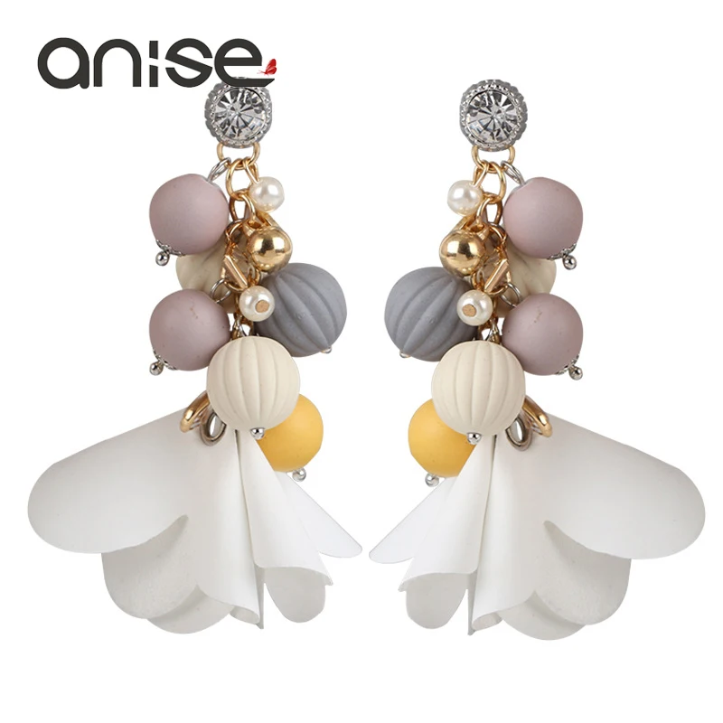 Анис разноцветные акриловые бусины стразы серьги модная индивидуальность белая ткань цветок серьги для женщин ювелирные изделия