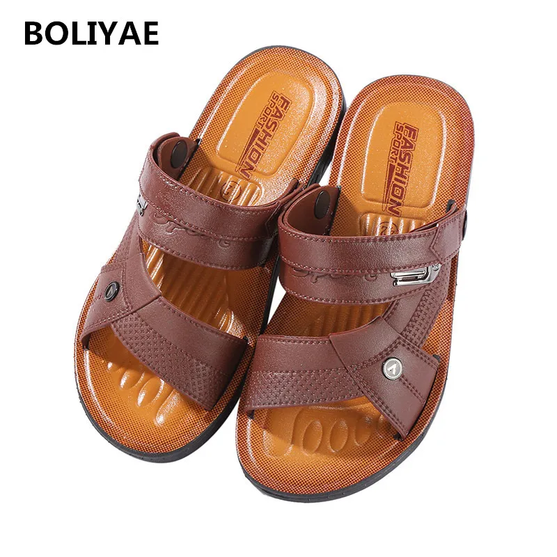 

2019 New Fashion PU Leather Summer Causal Shoes Slippers outdoor Men Beach Breathable For Men Sandals Male Slippers 270