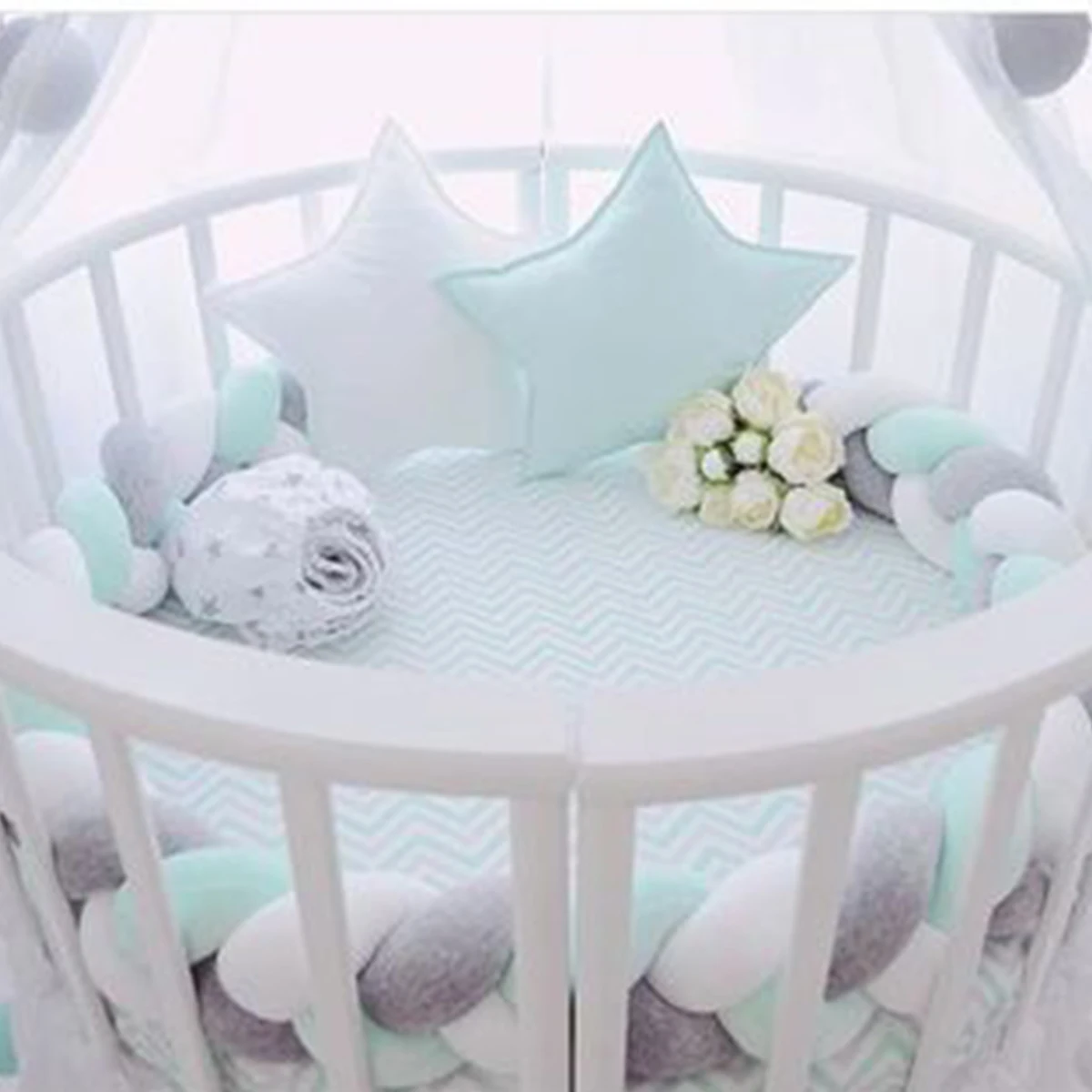 300CM Nordic Baby Bumper Infant Children Bedding Stuffs Kids Room Cushion Cotton Soft Knit Long Knot Ball Pillow Bed Protector