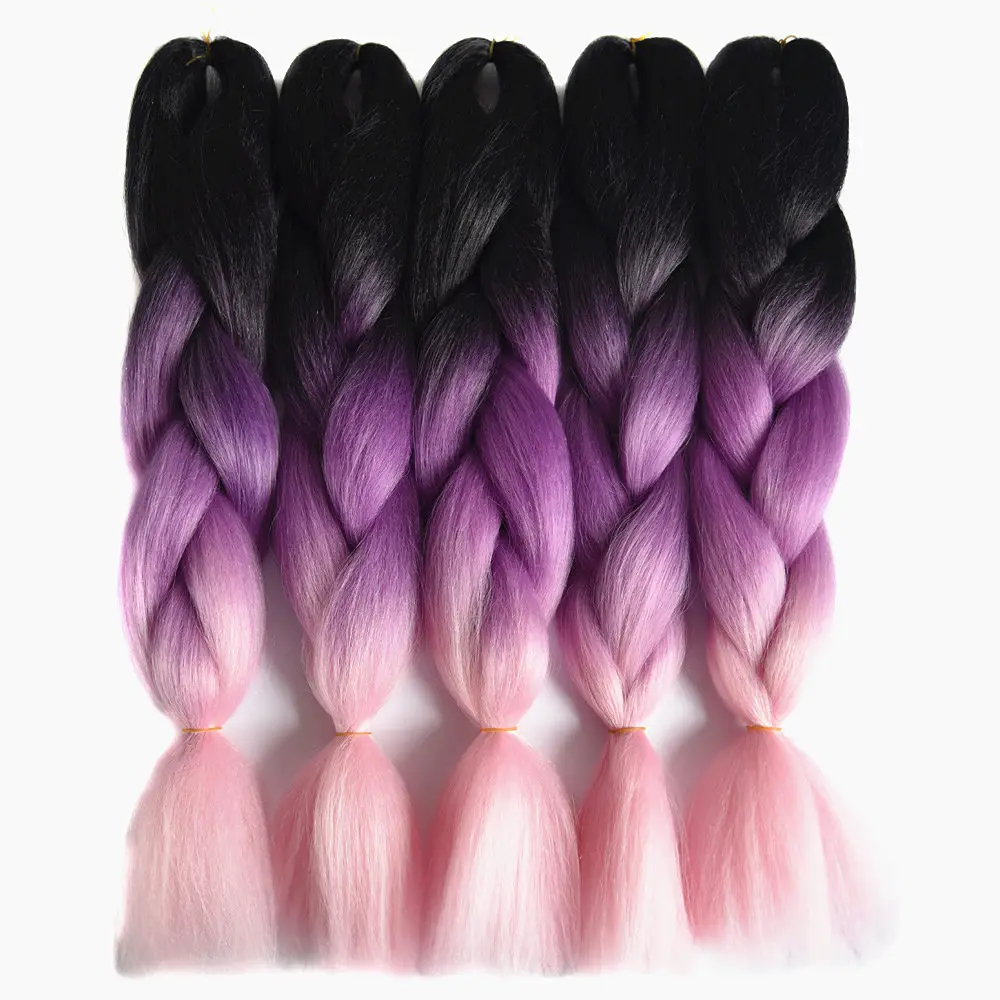 Sallyhair 24inch Ombre 3 Tone Black Purple Light Pink Color Synthetic Braiding Hair Extension Bulk Hair Braids