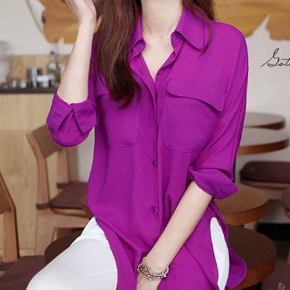 Модная женская шифоновая блузка с карманами, рубашка с длинным рукавом, 2 цвета
