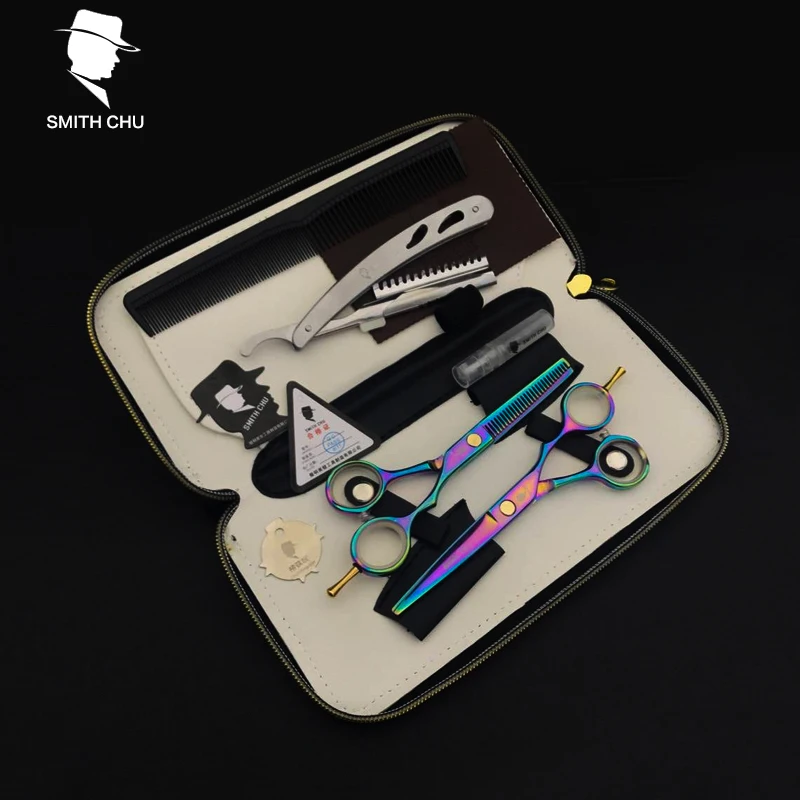 Набор Профессиональных Ножниц Для Волос SMITH CHU, 5,5 дюймов, радужные прямые и истончающие ножницы, парикмахерские ножницы+ бритва+ расческа+ наборы