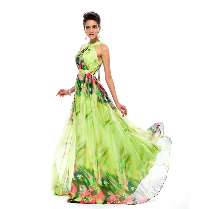 

Tanpell Chiffon Evening Dress Halter Neck Printed Backless Woemn Floor Length Party Gown A-Line Long Evening Dress