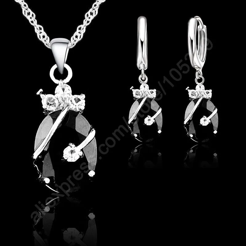 Новая мода 7 цветов тонкий Овальный Кристалл 925 пробы серебряные ювелирные изделия набор кулон ожерелье серьги Ювелирная коллекция