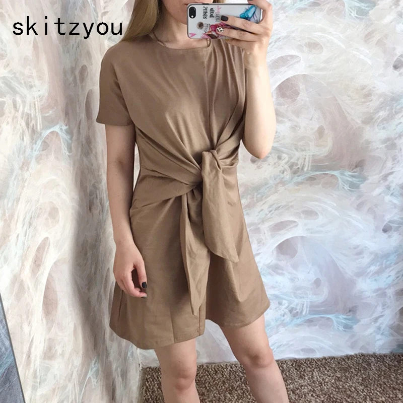 

skitzyou O Neck Short Sleeve Women Summer Casual Dress Loose Striped Cotton Female Basic Gray Black Dresses with Belt vestidos