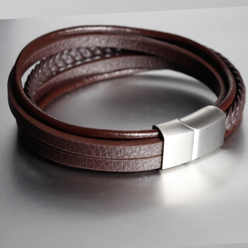 

Geometric Fashion New Men Jewelry Genuine Leather Bracelets Stainless Steel Magnetic Clasp Vintage Brown Rope Chain for Gifts