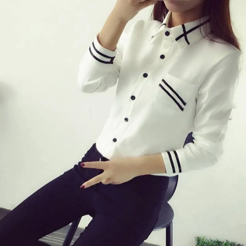 Women White Blouses Autumn Long Sleeve Notched Sequin Chiffon Geometric Ladies Office Shirt White Slim Tops blusas Women White Blouses Autumn Long Sleeve Notched Sequin Chiffon Geometric Ladies Office Shirt White Slim Tops blusas