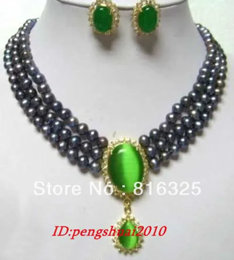 

FREE SHIPPINGPretty 3 Rows Black genuine Pearl & Green opal pendant Necklace earring set
