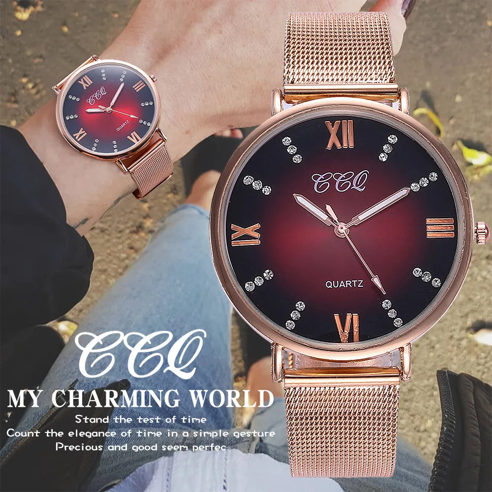 

CCQ New Women Rose Gold Steel Mesh Watch Fashion Ladies Simple Dial Quartz Watch Casual Ladies Wristwatches Relogio Feminino 533