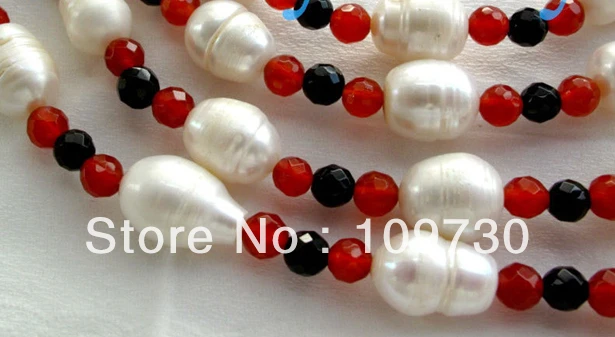 

Jewelry 002341 White Freshwater Pearl & Faceted Red Carnelian & Onyx Necklace (C0309)
