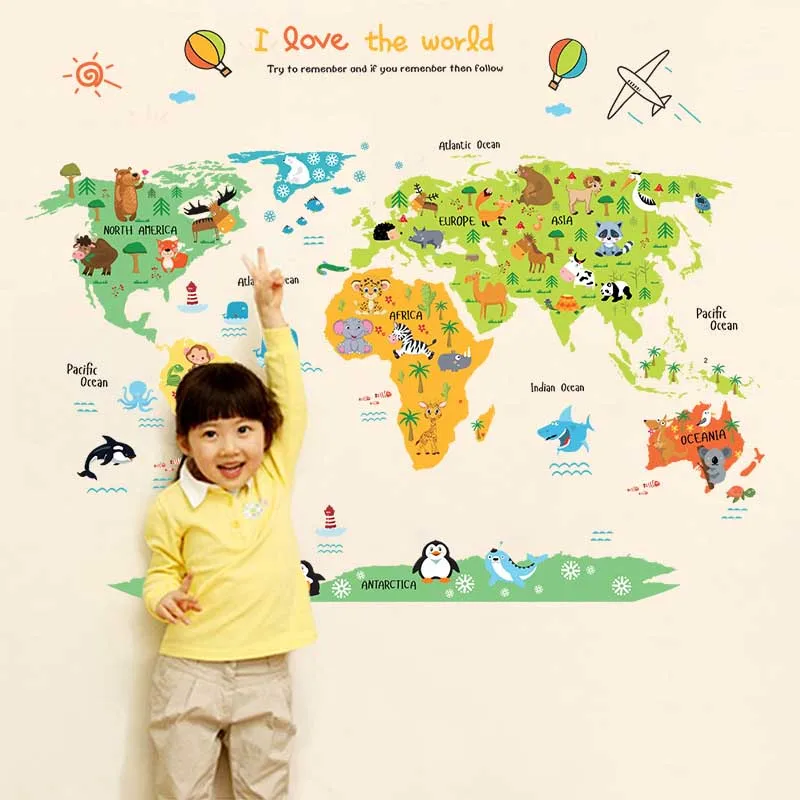 

Cartoon Safari Animals World Map Nursery Wall Stickers for Kids Room Decoration Letters Global Maps HFing