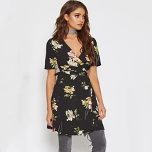 

Women's Floral Print Mini Dress Bohemian Short Sleeves Deep V Neck Belt Wrap Loose Fit Above Knee Skater Blouse Dress