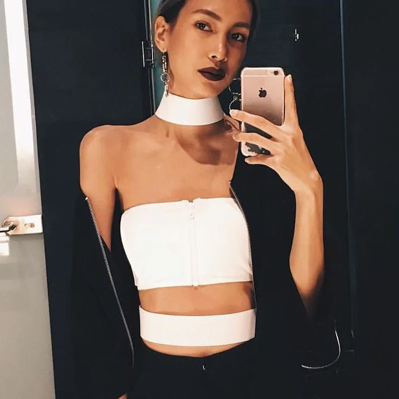 InstaHot Sexy Mesh Zipper Tube Tops Women Choker Neck Waist Circle Bandage Ribbon Sleeveless Backless Crop Tank Top Girl Fashion