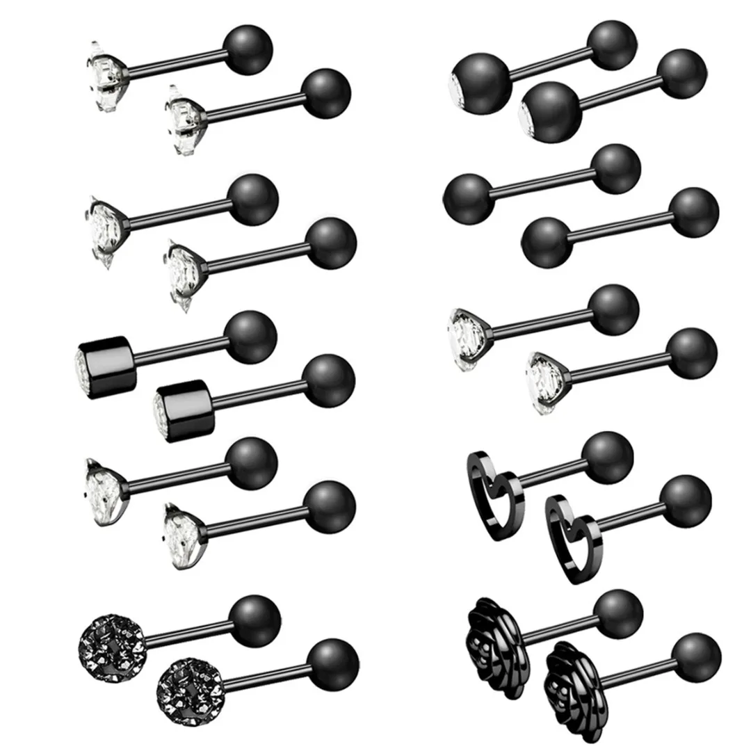 10Pairs/lot Zircon Crystal Heart Flower Ball Cartilage Lip Nail Bar Ring Barbell Piercing Tongue Stainless Steel Body Jewelry