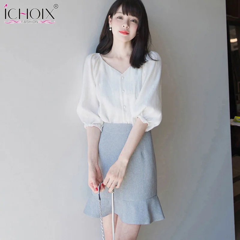 

2019 Summer 2 Pieces Set Women White Shirt And Skirt Sets Two Pieces Set Beach Outfits v-Neck Elegant 2 Pieces Set Casual Suits