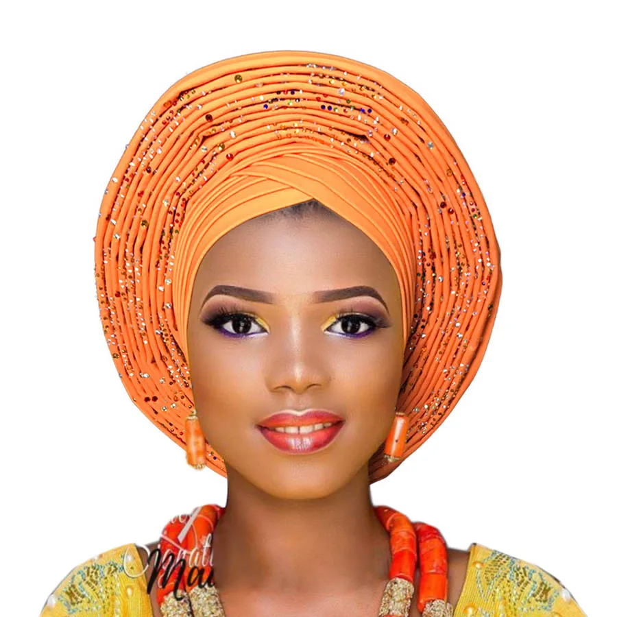 Новое поступление ASO OKE gele с бисером Африканский тюрбан для женщин