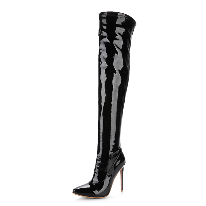 DoraTasia размера плюс 48 Брендовые женские ботинки с острым носком пикантные вечерние туфли на тонком высоком каблуке женские зимние сапоги до колена - Цвет: Черный