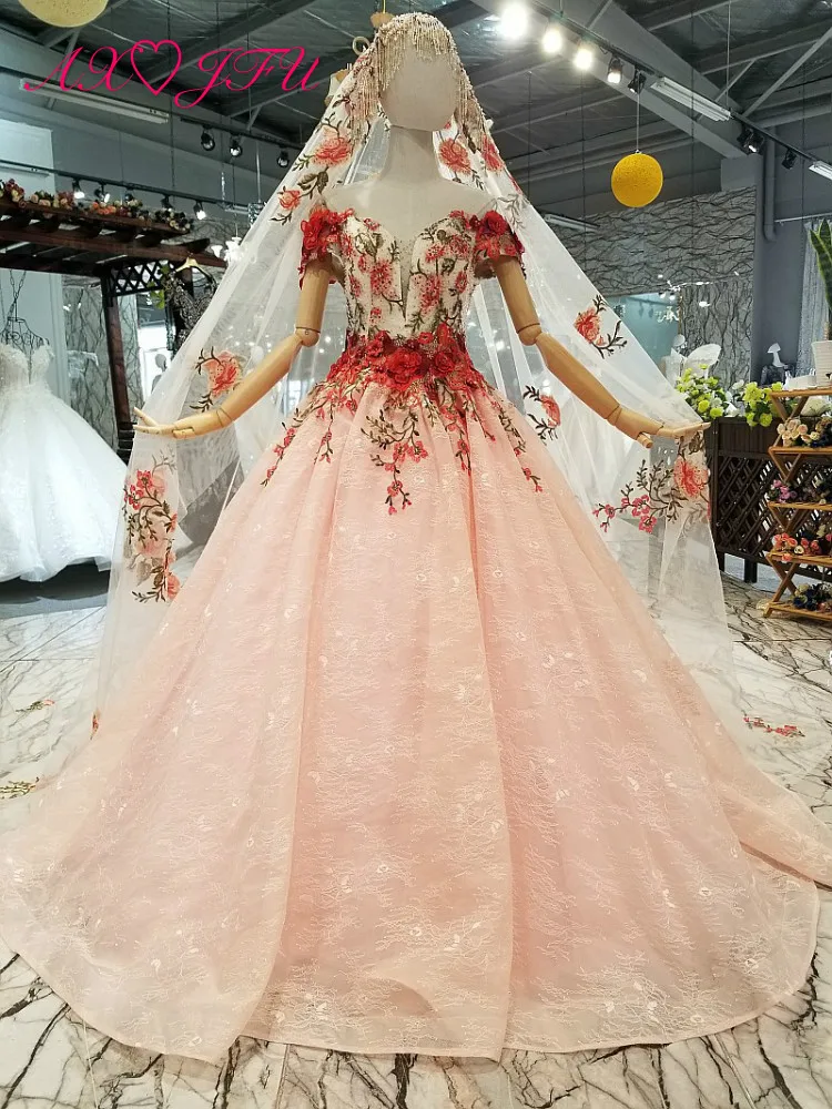 Axjfu Princess Beading Flower Pink Lace Evening Dress Vintage Rose