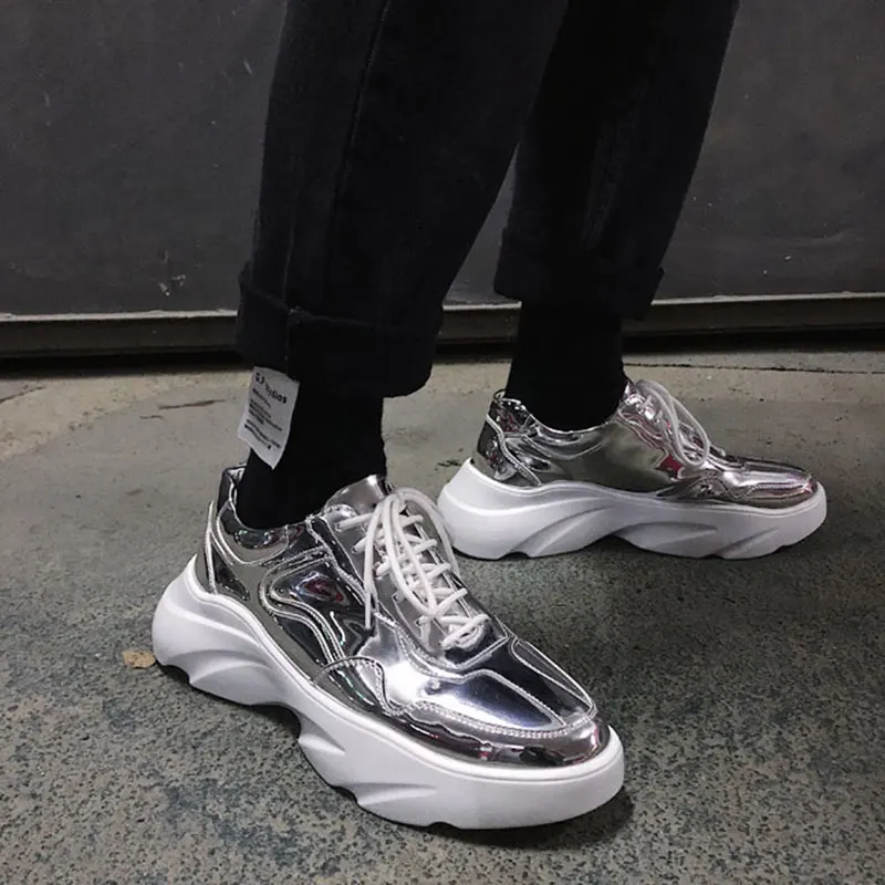 

2019 Male Casual Shoes New Leather Sneakers Men Designer Chunky Shoes Breathable Platform Casual Shoes Bling Sneaker A4-44