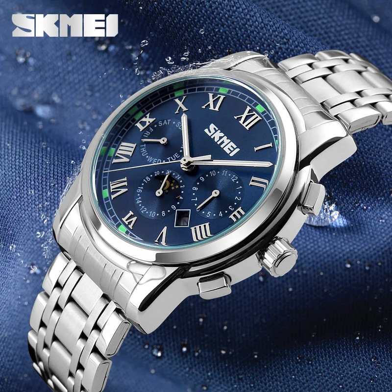 

SKMEI Moon Phase Quartz Watch Men Business Complete Calendar Man Wristwatches Waterproof 30m Relogio Masculino Fashion 9121