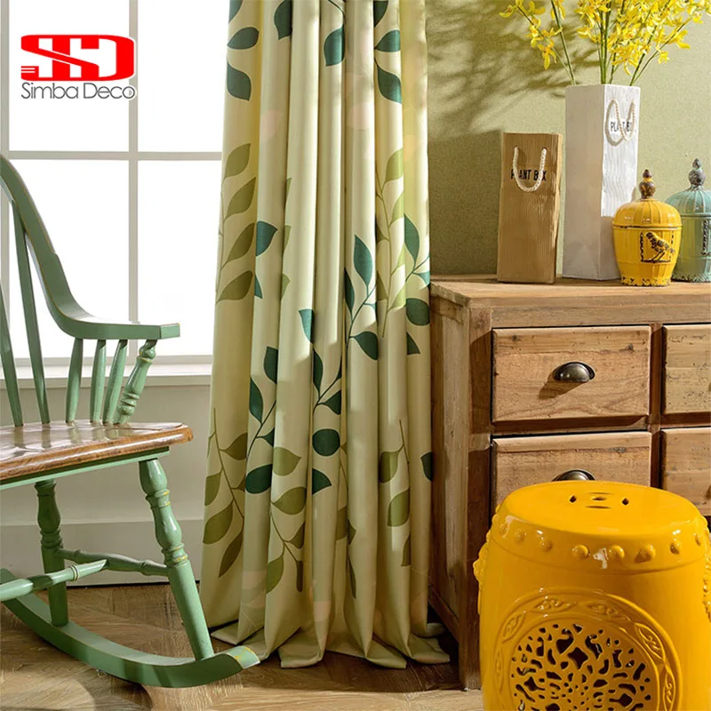 

Modern Leaves Cotton Printing Curtains For Living Room Balcony Kitchen Curtain Green Blue Window Treatments Spring Custom Size