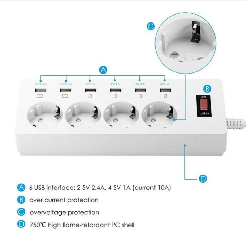 Pаспродажа Огнестойкий Электрический разъем ЕС Plug мощность полосы 4 AC ЕС Plug Outlet 5 в 2.4A 6USB зарядки мощность доска 1,8 м удлинитель