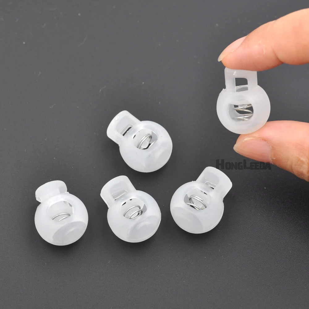 

100pcs/lot transparent plastic round ball cord lock end toggles spring clip stoppers for 6-7mm bungee shock cord HLD/K-003