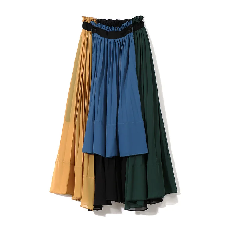 CHICEVER Elastische Hohe Taille Midi Rock Weibliche Hit Farben Patchwork Chiffon Lose Große Größe Casual Herbst Röcke Mode 2018 Neue