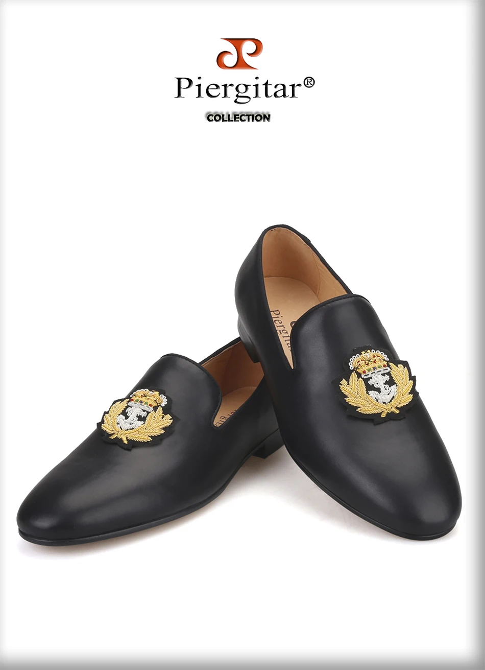 Piergitar New Cow leather men loafers with gold luxurious India embroidery party and wedding men's dress shoes smoking slippers
