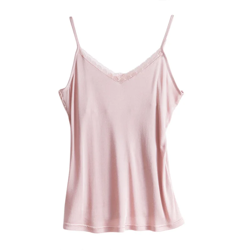 

Women Lace Nature Silk Sling Female Basic 2019 Summer New Splicing V-neck Bottoming Shirt Sexy Silk Camisoles Elegant Vest