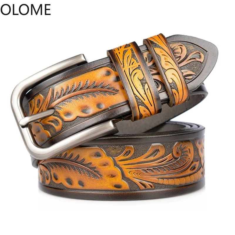 

OLOME High Quality Cow Genuine Leather Carving Process Luxury Strap Male Belts for Men New Pin Buckle Male Belt