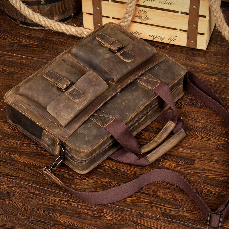 Дизайнерские винтажные мужские портфели Crazy Horse из воловьей кожи 1" для ноутбука, мужская деловая сумка для компьютера, сумки-почтальонки из натуральной кожи