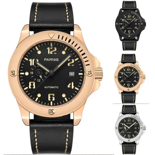 

44mm Parnis Black Dial Stainless steel Case Date Luminous Marks Luxury Brand Miyota Automatic Movement men's Watch