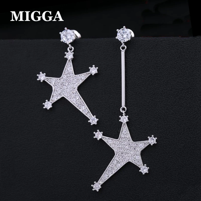

MIGGA New Design Cubic Zirconia Paved Star Luxury Earrings for Ladies Women White Gold Color Stud Earrings