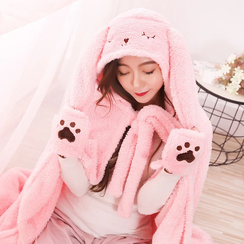 

160*120cm Long Ear Rabbit Cloak Anime Cosplay Costumes Cute Home Wear Fluffy Warm Gloved Blanket Women Hooded Shawl Coat Hoodie