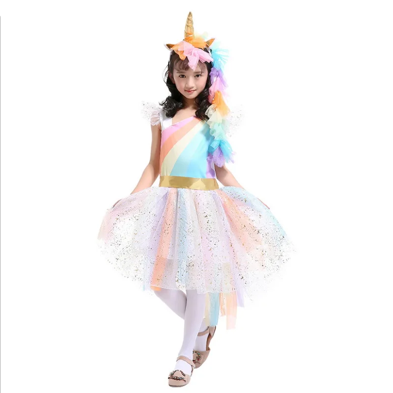 Girls Christmas Unicorn Costume With Headband Gold Wings for Kids Pony Rainbow Tutu Dress Children Halloween Theme Party Dress