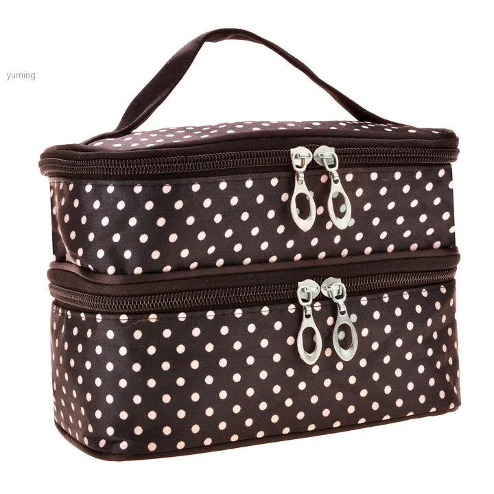 Best Sell Women's Fashion Portable Double Deck Cosmetic Bag Dot Pattern