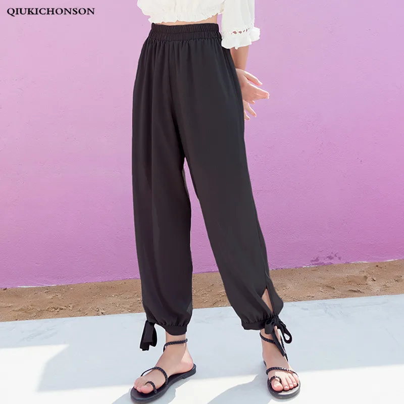 

Women Summer Pants Casual Chiffon Bloomers Wide Leg Trousers Ladies High Waisted Ankle-tied Beach Pants jogger mujer