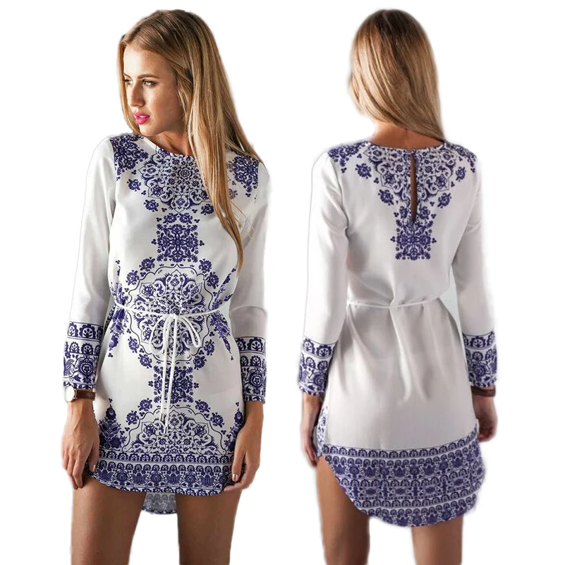 

Floral Print Chiffon Boho Dress for Women Plus Size Autumn Sundress Long Sleeves Beach Tunic A-line Straight Vestido Female -N