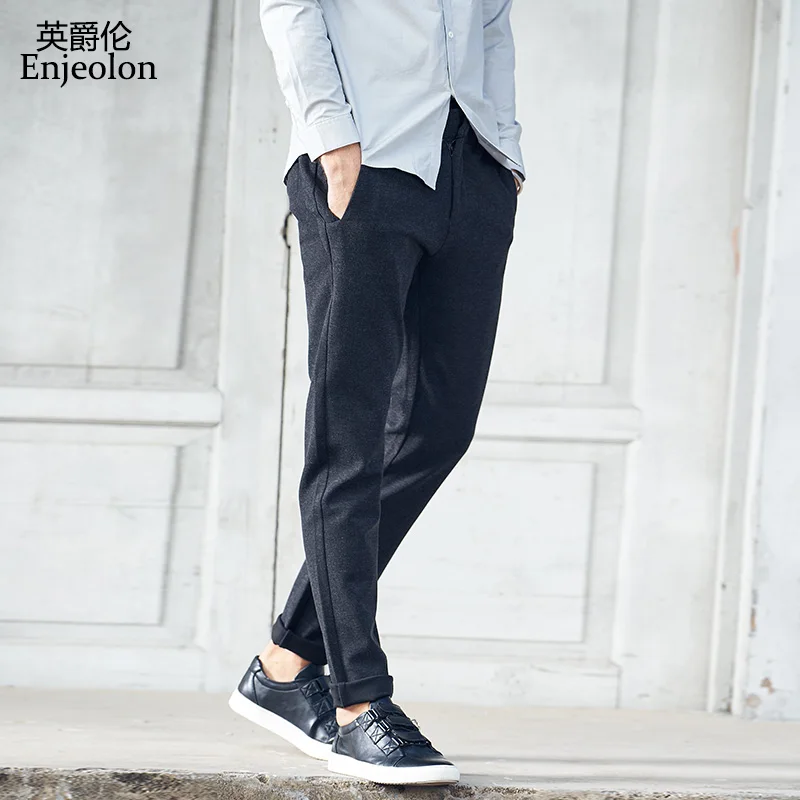 

Enjeolon brand spring long straight trousers pants men gray solid casual pants men quality thick casual pants males KZ6327