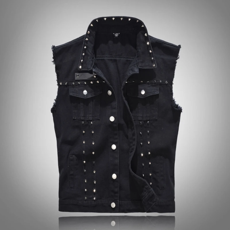 Men Trend Rock Rivet Jeans Vest Punk Style Cowboy Black Denim Waistcoat
