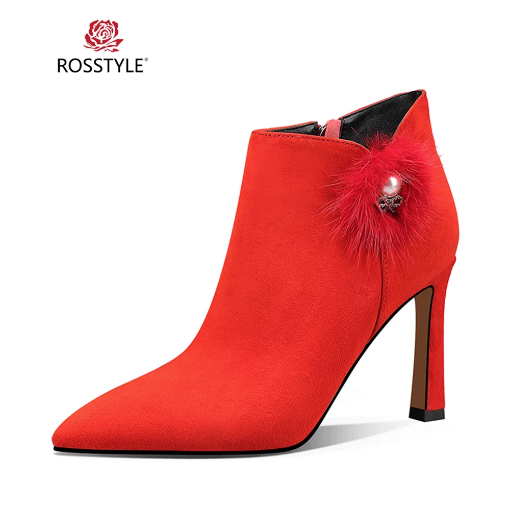 

ROSSTYLE Luxury Woman Winter Ankle Boot Handmade Quality Genuine Leather Solid Pointed Toe Boot Fur Sexy High Heel Warm Boot B67
