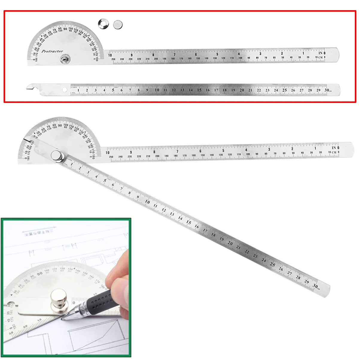 

1pc Stainless Steel Angle Ruler 180 degree Protractor Finder Arm Measuring Tool 198 x 53 x 14mm Mayitr