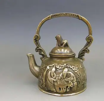 

China brass copper carved fine Play chess Pine dog Teapot Sculpture Statue