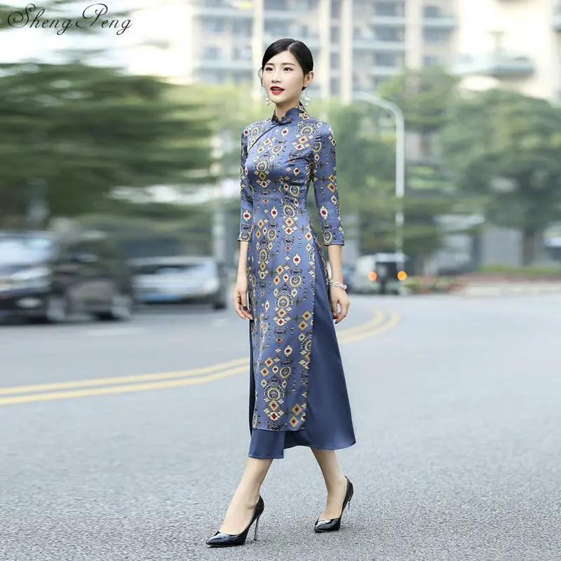 Китайское платье женское длинное платье винтажное вьетнамское Ао Дай тонкое Cheongsam леди Элегантный цветочный принт Qipao V1378